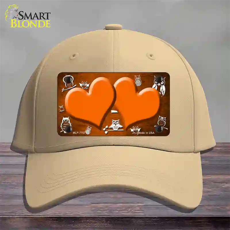 Orange White Owl Hearts Oil Rubbed Novelty License Plate Hat Cotton / Khaki