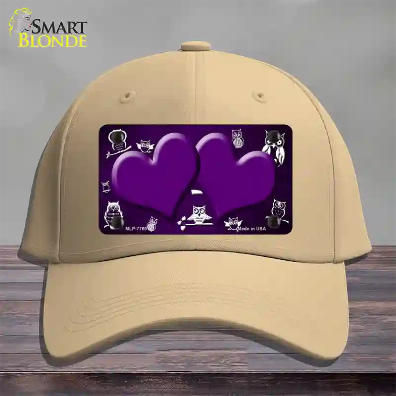 Purple White Owl Hearts Oil Rubbed Novelty License Plate Hat Cotton / Khaki