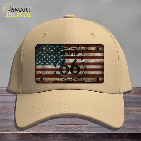 Route 66 American Flag Transparent Novelty License Plate Hat Cotton / Khaki