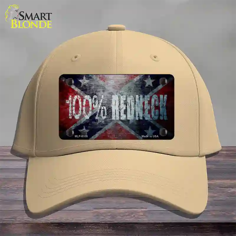 100% Redneck Confederate Novelty License Plate Hat Cotton / Khaki