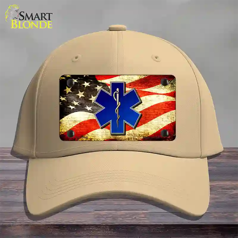 EMT Logo With USA Flag Novelty License Plate Hat Cotton / Khaki