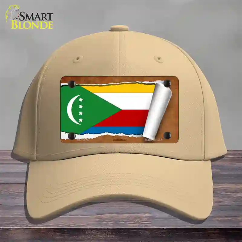 Comoros Flag Scroll Novelty License Plate Hat Cotton / Khaki