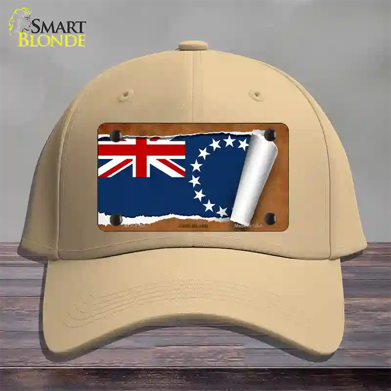 Cook Island Flag Scroll Novelty License Plate Hat Cotton / Khaki