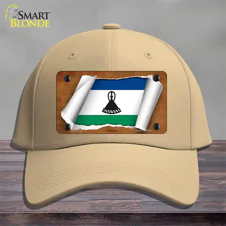 Lesotho Flag Scroll Novelty License Plate Hat Cotton / Khaki