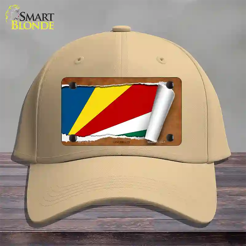 Seychelles Flag Scroll Novelty License Plate Hat Cotton / Khaki