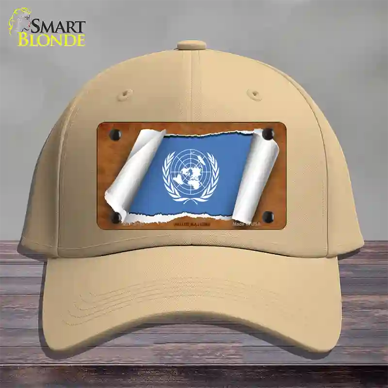 United Nations Flag Scroll Novelty License Plate Hat Cotton / Khaki