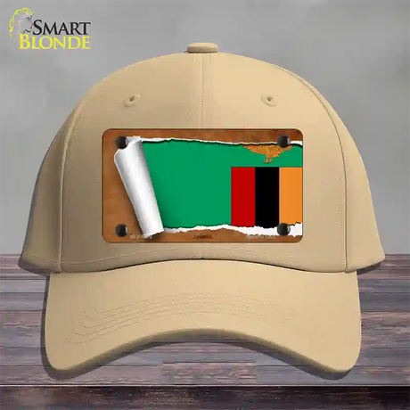 Zambia Flag Scroll Novelty License Plate Hat Cotton / Khaki