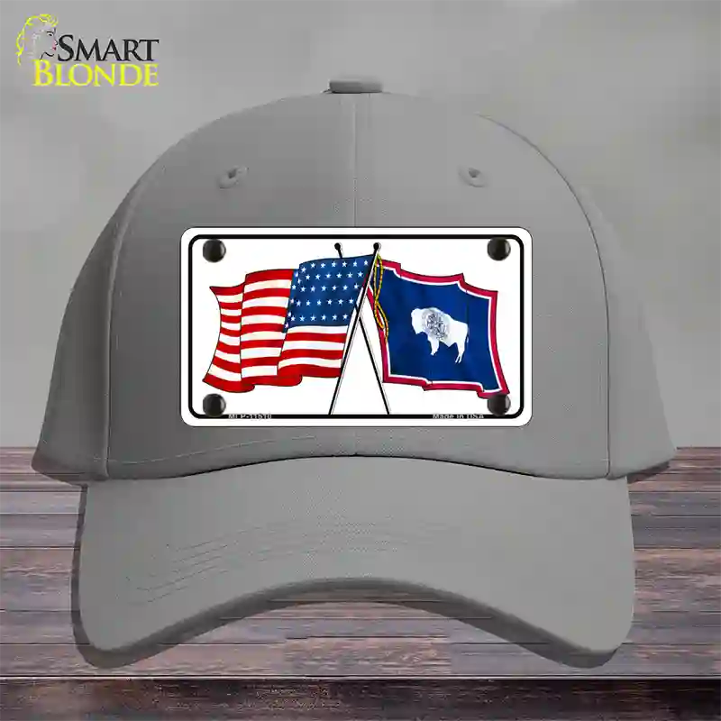 Wyoming Crossed US Flag Novelty License Plate Hat Cotton / Gray