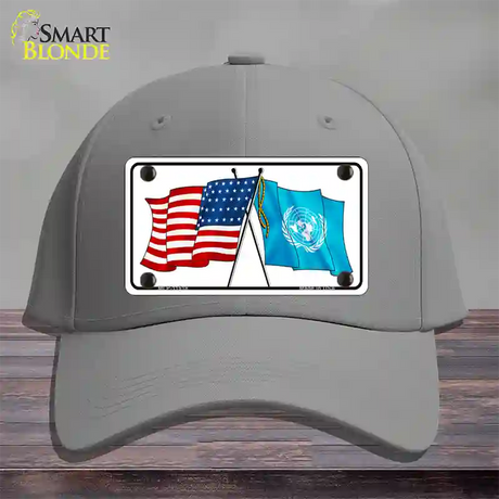 United Nation Crossed US Flag Novelty License Plate Hat Cotton / Gray