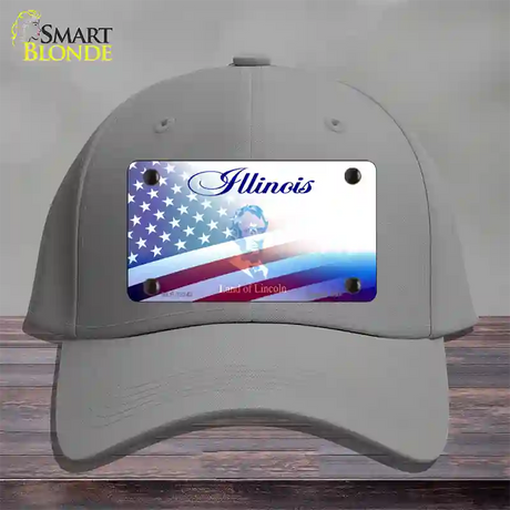 Illinois with American Flag Novelty License Plate Hat Cotton / Gray