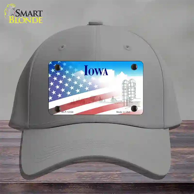 Iowa with American Flag Novelty License Plate Hat Cotton / Gray