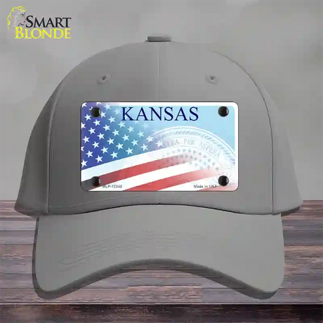 Kansas with American Flag Novelty License Plate Hat Cotton / Gray