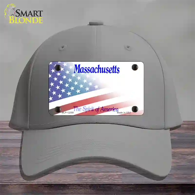 Massachusetts with American Flag Novelty License Plate Hat Cotton / Gray