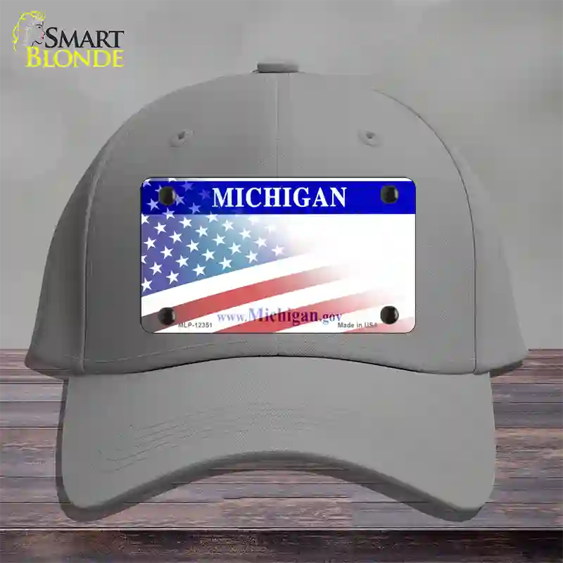 Michigan with American Flag Novelty License Plate Hat Cotton / Gray