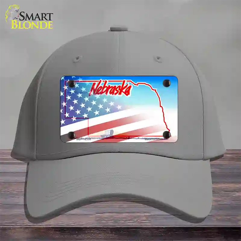 Nebraska with American Flag Novelty License Plate Hat Cotton / Gray