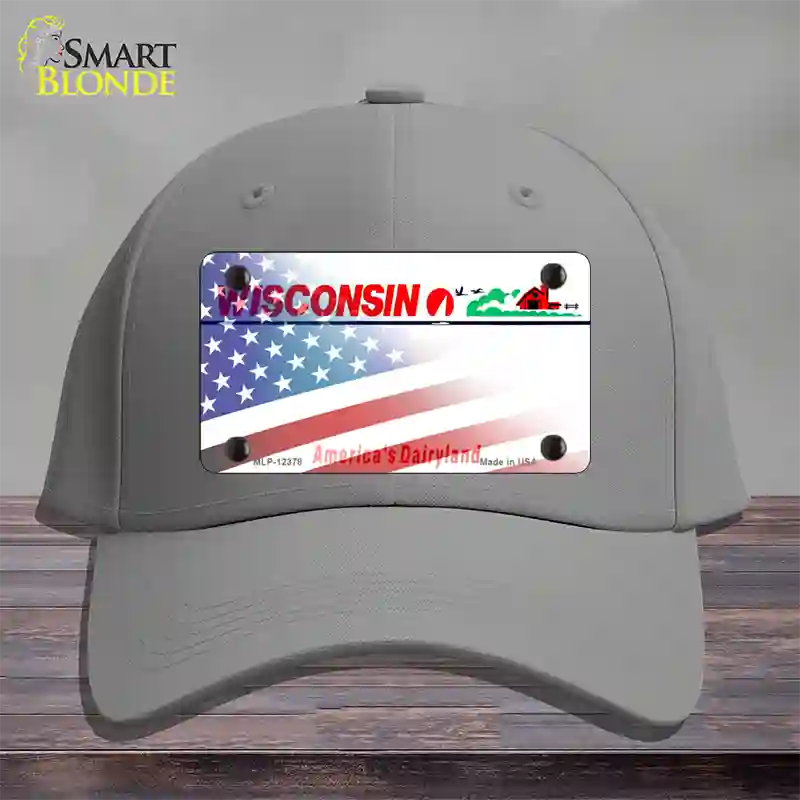 Wisconsin with American Flag Novelty License Plate Hat Cotton / Gray