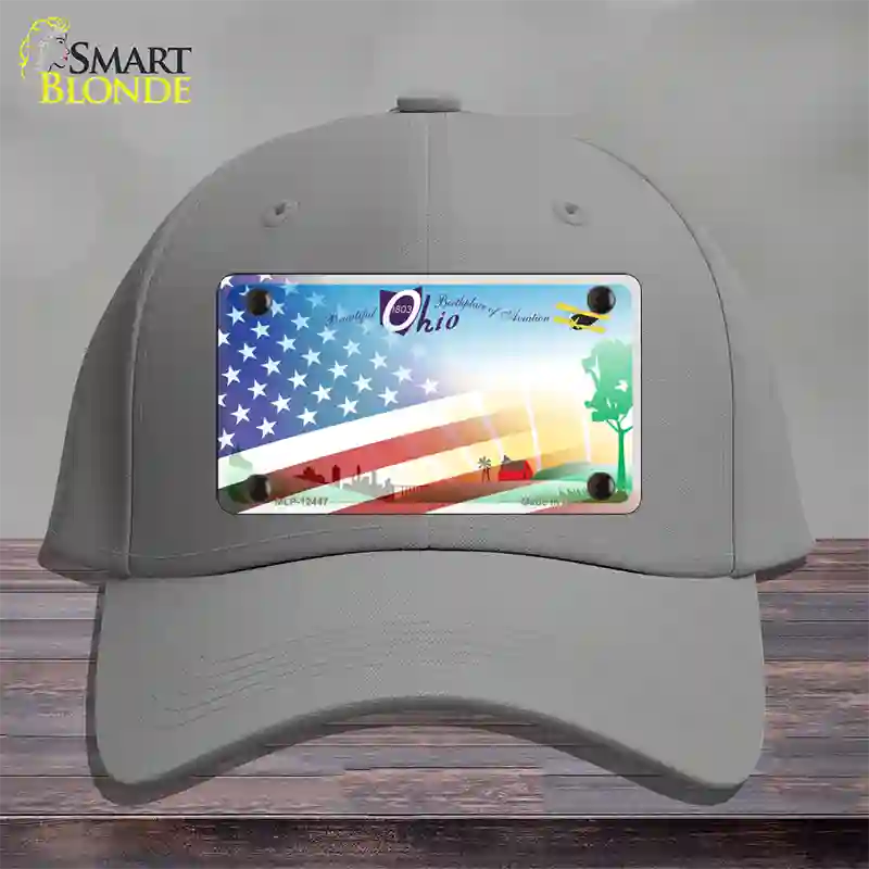 Ohio Birthplace with American Flag Novelty License Plate Hat Cotton / Gray