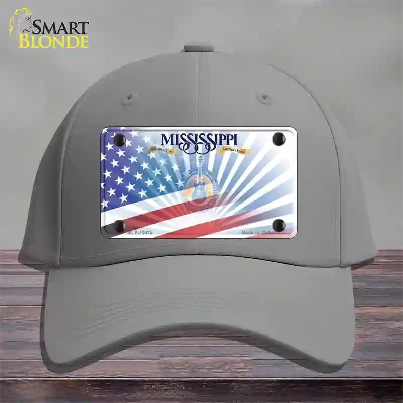 Mississippi Blue with American Flag Novelty License Plate Hat Cotton / Gray