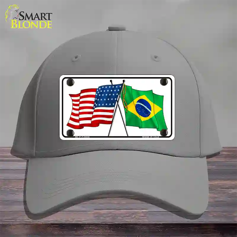 Brazil USA Crossed Flags Novelty License Plate Hat Tag Cotton / Gray