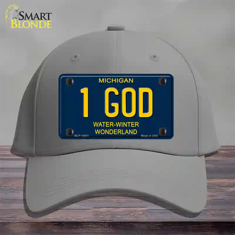 1 God Michigan Blue Novelty License Plate Hat Cotton / Gray