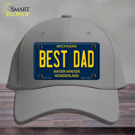 Best Dad Michigan Blue Novelty License Plate Hat Cotton / Gray