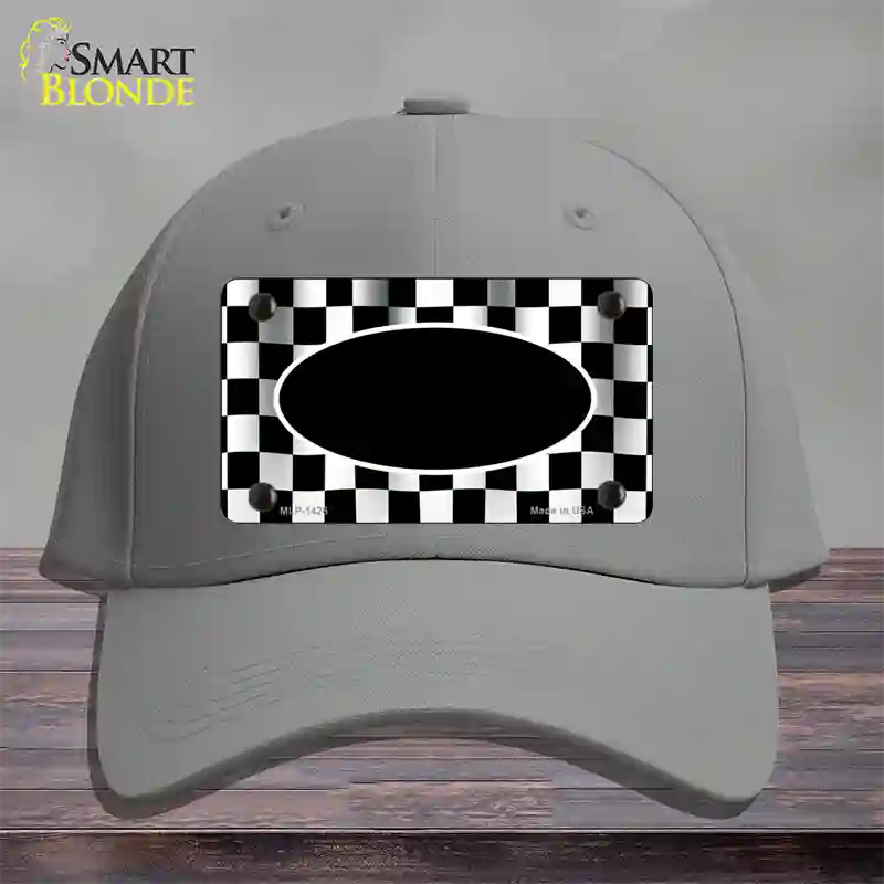 Waving Checkered Flag With Black Center Oval Novelty License Plate Hat Cotton / Gray