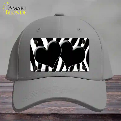 Black White Zebra Black Centered Hearts Novelty License Plate Hat Cotton / Gray