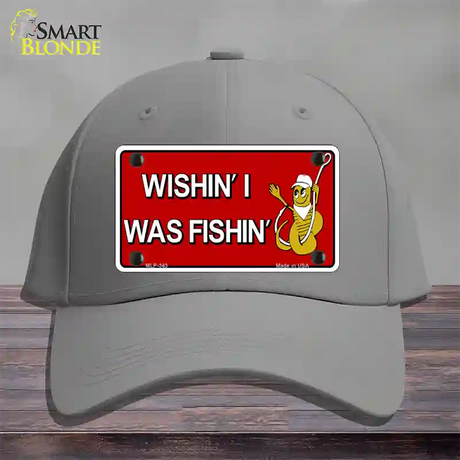 Wishin I Was Fishin Red Novelty License Plate Hat Cotton / Gray