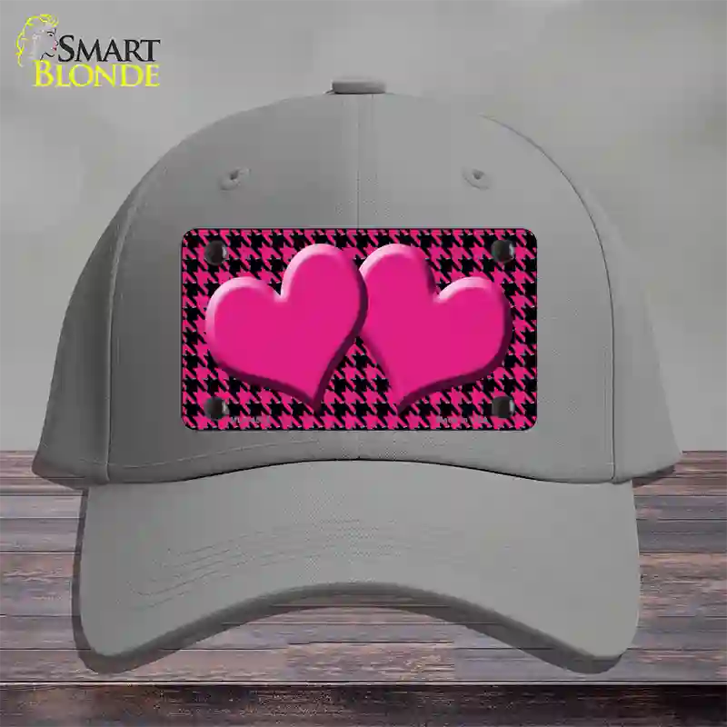 Pink Black Houndstooth Pink Center Hearts Novelty License Plate Hat Cotton / Gray