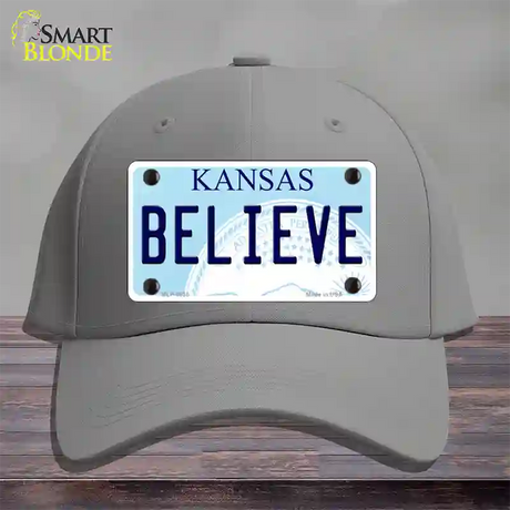 Believe Kansas Novelty License Plate Hat Cotton / Gray