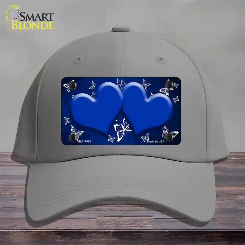 Blue White Hearts Butterfly Oil Rubbed Novelty License Plate Hat Cotton / Gray