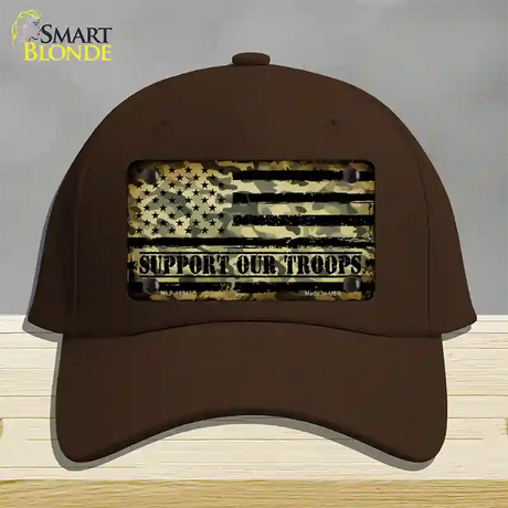 Camo American Flag Support Troops Novelty License Plate Hat Cotton / Dark Brown