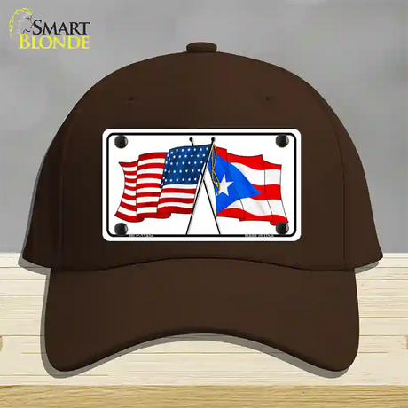 Puerto Rico Crossed US Flag Novelty License Plate Hat Cotton / Dark Brown