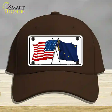 Alaska Crossed US Flag Novelty License Plate Hat Cotton / Dark Brown