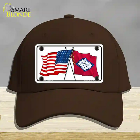 Arkansas Crossed US Flag Novelty License Plate Hat Cotton / Dark Brown