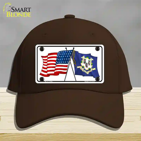 Connecticut Crossed US Flag Novelty License Plate Hat Cotton / Dark Brown