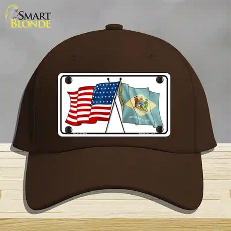 Delaware Crossed US Flag Novelty License Plate Hat Cotton / Dark Brown