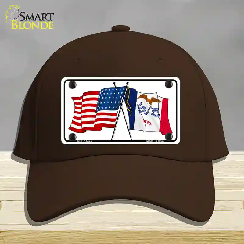 Iowa Crossed US Flag Novelty License Plate Hat Cotton / Dark Brown