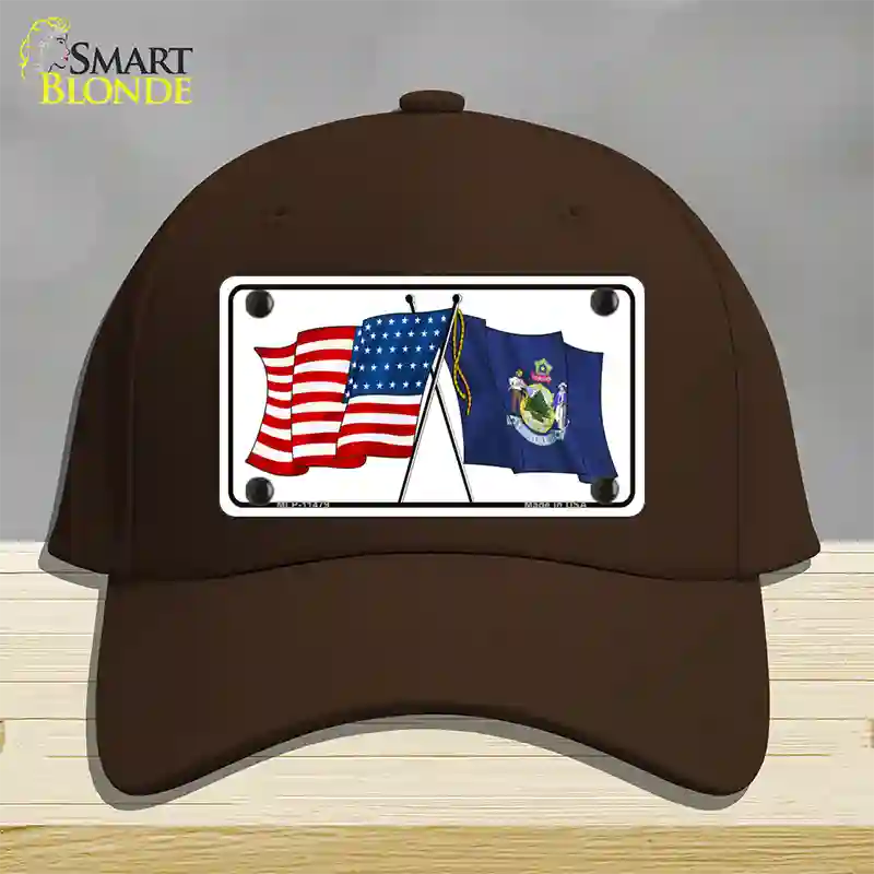 Maine Crossed US Flag Novelty License Plate Hat Cotton / Dark Brown