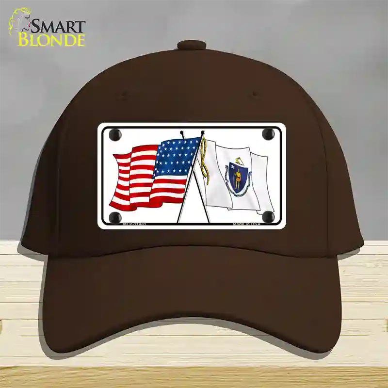 Massachusetts Crossed US Flag Novelty License Plate Hat Cotton / Dark Brown