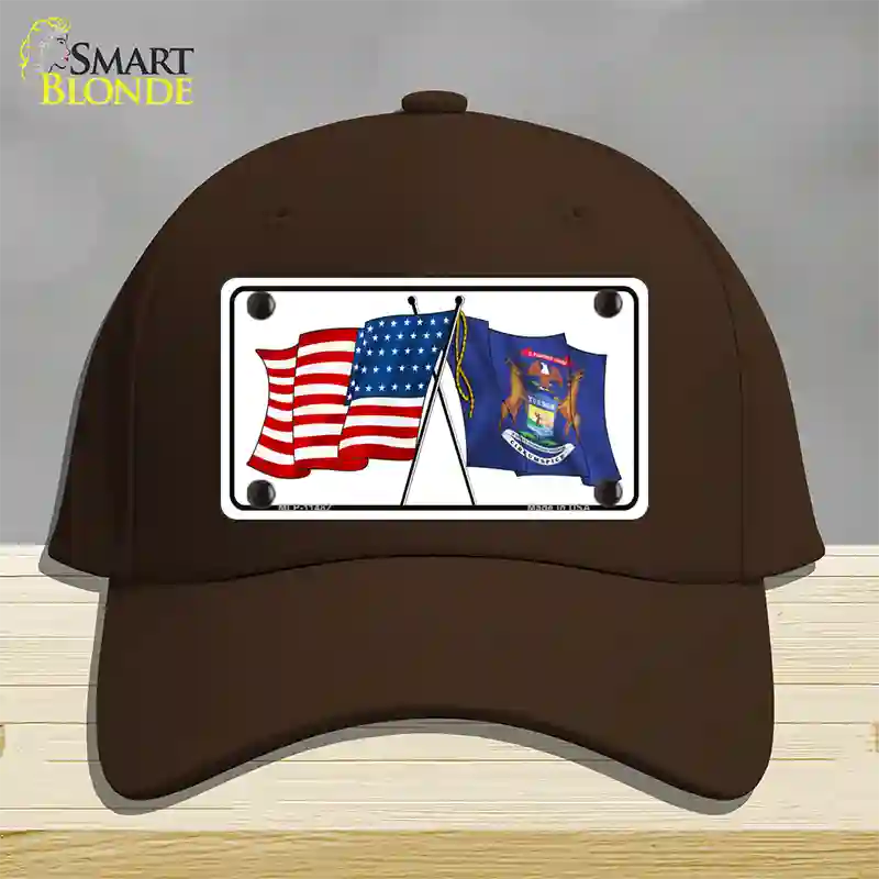 Michigan Crossed US Flag Novelty License Plate Hat Cotton / Dark Brown