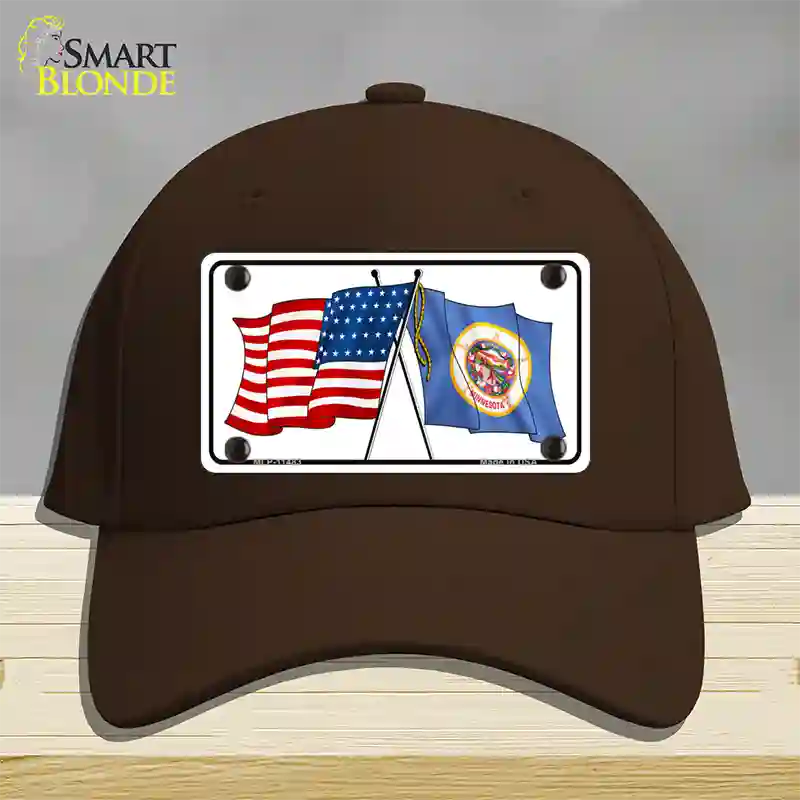 Minnesota Crossed US Flag Novelty License Plate Hat Cotton / Dark Brown