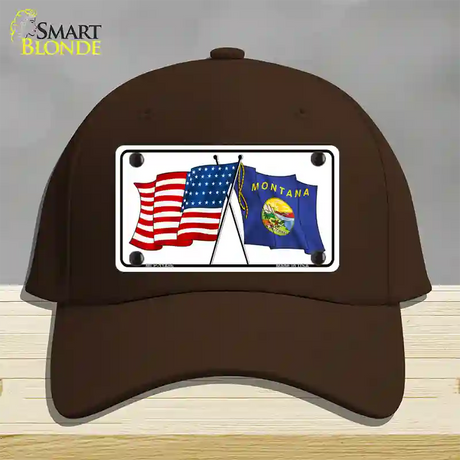 Montana Crossed US Flag Novelty License Plate Hat Cotton / Dark Brown