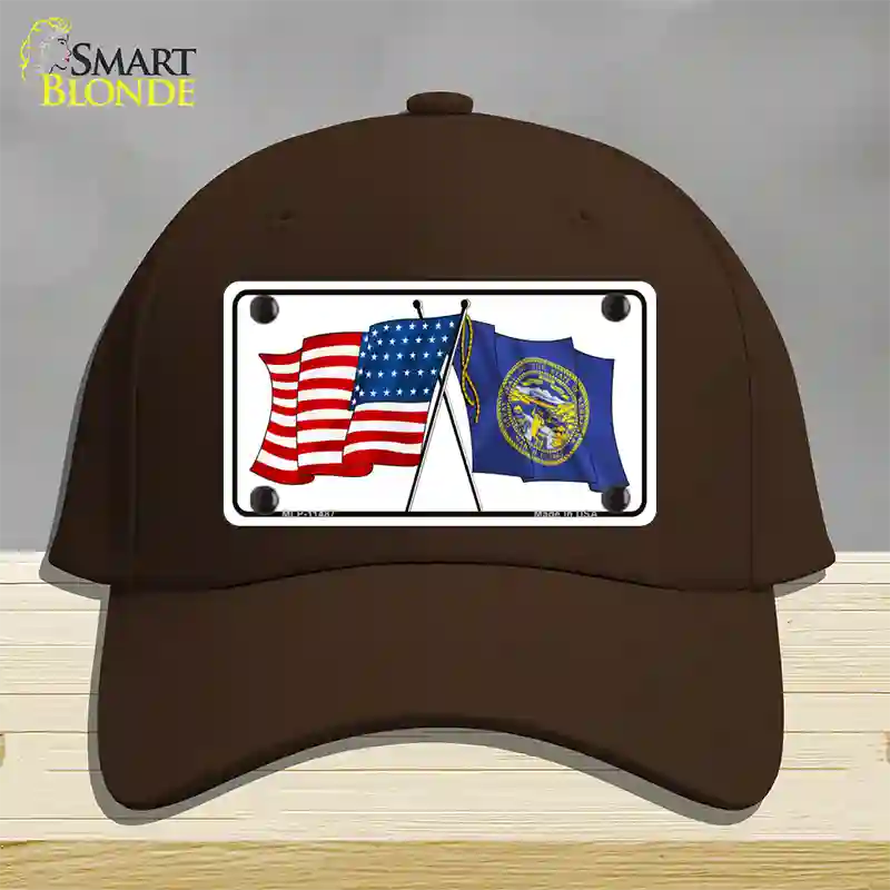 Nebraska Crossed US Flag Novelty License Plate Hat Cotton / Dark Brown