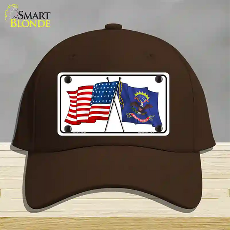 North Dakota Crossed US Flag Novelty License Plate Hat Cotton / Dark Brown