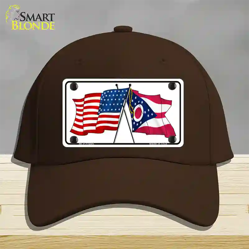 Ohio Crossed US Flag Novelty License Plate Hat Cotton / Dark Brown