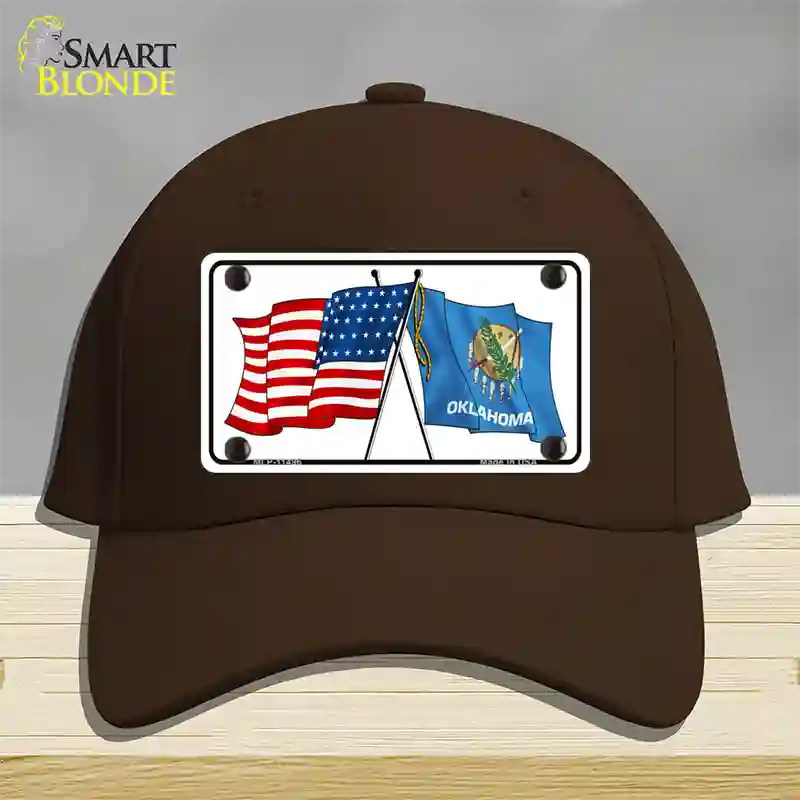 Oklahoma Crossed US Flag Novelty License Plate Hat Cotton / Dark Brown