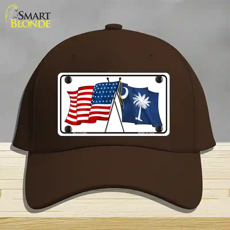 South Carolina Crossed US Flag Novelty License Plate Hat Cotton / Dark Brown