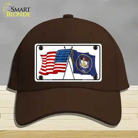 Utah Crossed US Flag Novelty License Plate Hat Cotton / Dark Brown