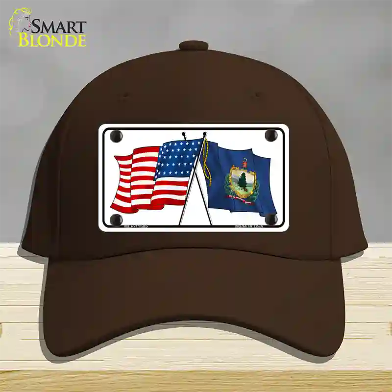 Vermont Crossed US Flag Novelty License Plate Hat Cotton / Dark Brown